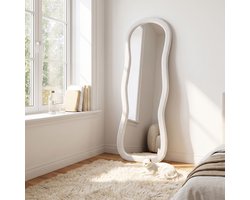 Golvende Vloerspiegel 160x50cm, Wavy Mirror Wit, Staande Hele Lengte Spiegel voor Slaapkamer & Outfit Controle