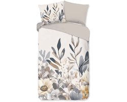 Good Morning dekbedovertrek bloemen en planten in grijze aardse kleuren - 1 persoons 140x200/220 cm - Grijs - 100% Katoen renforce