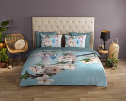 Good Morning dekbedovertrek bloemen en vlinders - 1 persoons 140x200/220 cm - Aqua - 100% Katoen renforce