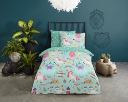 Good Morning dekbedovertrek eenhoorn, prinses, regenboog - Ledikant/ baby 100x135 cm - Mint - 100% Katoen renforc�