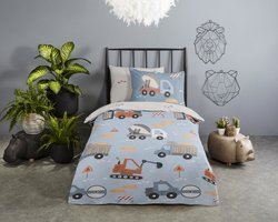 Good Morning dekbedovertrek graafmachine, cementwagen en andere voertuigen - 1 persoons 140x200/220 cm - Blauw - 100% Katoen renforce