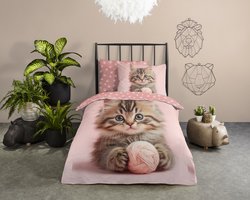 Good Morning dekbedovertrek kitten met bolletje wol - 1 persoons 140x200/220 cm - Roze - 100% Katoen renforc�