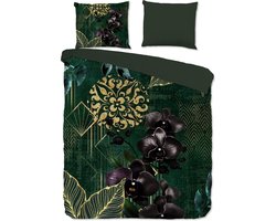 Good Morning dekbedovertrek orchideeen en gouden elementen - 2 persoons 200x200/220 cm - Groen - 100% Katoen renforce