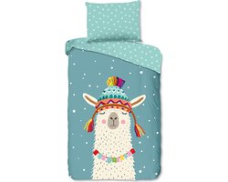 Good Morning Lama’s Winterfeest Flanel Dekbedovertrek Petrol