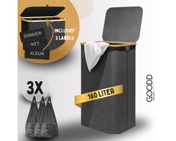 GOODD® Nice - Wasmand - 160 Liter - VERBETERDE MODEL 2024 - Wasmand 3 vakken - Wasmand met deksel - Wassorteerder - Donkergrijs - 3 Waszakken - Bamboe en Textiel - Drie kleuren verkrijgbaar - Wassorteer labels Nederlands - Handvaten - Duurzaam
