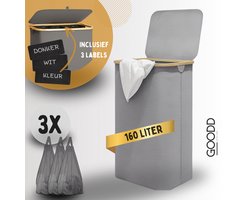 GOODD ® Nice - Wasmand - 160 Liter - VERBETERDE MODEL 2024 - Wasmand 3 vakken - Wasmand met deksel - Wassorteerder - Licht grijs - 3 Waszakken - Bamboe en Textiel - Drie kleuren verkrijgbaar - Wassorteer labels Nederlands - Handvaten - Duurzaam