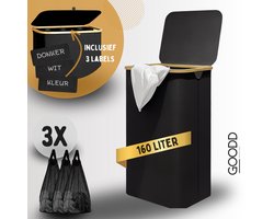 GOODD® Nice - Wasmand - 160 Liter - VERBETERDE MODEL 2024 - Wasmand 3 vakken - Wasmand met deksel - Wassorteerder - Zwart - 3 Waszakken - Bamboe en Textiel - Drie kleuren verkrijgbaar - Wassorteer labels Nederlands - Handvaten - Duurzame materialen