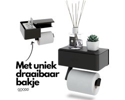 GOODD® - Wc rolhouder - Toiletrolhouder - Met bakje Zonder boren - Zwart - Met tissue houder en plankje - Boren of Plakken