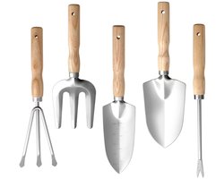 GOODEVN Tuingereedschapsset 5-delig - Roestvrijstalen Tuinschep, Hark en Onkruidsteker - Handgereedschap met Houten Handvatten voor Bloembakken, Moestuin & Klein Tuinwerk