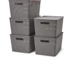 Goodivery ® 20 l opbergmand met deksel van kunststof, 5-delige set, mand, opbergkist in rotan-look voor keuken, kledingkast, kast