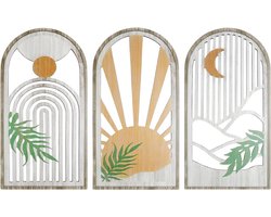 Goodivery ® 3-delige houten boho wanddecoratie, vintage minimalistische wandkunst voor woonkamer, boerderijstijl, kinderkamer, 2 x 2 x 0,5 cm; 0,55 kg, groene bladeren