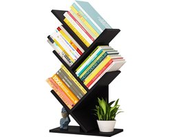 Goodivery ® Boomvorm boekenkast, 5 niveaus, boom, ruimteverdeler, plank, hout, cd, dvd, boeken, tijdschriften, opbergkast, staand rek, boekenkast voor woonkamer, werkkamer, kinderkamer, kantoor (zwart