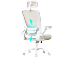 Goodivery - Bureaustoel - Ergonomisch - Daaistoel Met Mesh - Lenden - En Hoofdsteun - Kantelfunctie - 53 CM Groot Zitvlak - Inklapbare Armleuningen - Werk - En Slaapkamer - Studenten - Cappuccinobeige OBN047K01