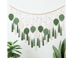 Goodivery® - Grote Macrame Muur Opknoping - Wandkleed Beige Groene Bladeren Kwast Tapijt Met Houten Kralen Handgemaakt Tapijt Wandkleed Tapijten Boho Wanddecoratie Slaapkamer Woonkamer Kinderkamer 130 X 80