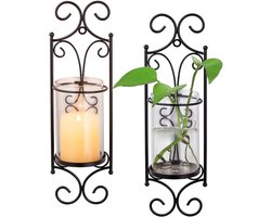 Goodivery® - Kaarshouder - Kaars houder - Kaars -Set van Metalen Wanddecoraties voor Stompkaarsen - Kandelaar voor aan De Muur met Stormglas - 40x12x15cm - Zwart