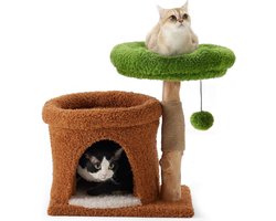 Goodivery ® Kattenkrabpaal, 51 cm krabpaal met uniek massief hout, kattenhuis met 2 comfortabele ligvlakken & holte, jute zuil & pluchen bal inbegrepen, voor kleine en grote katten tot 4,5 kg-20x 20x 50,Groen