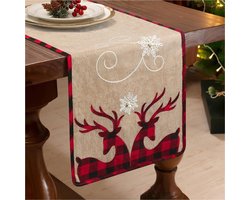 Goodivery ® - Kerst Tafel Loper Linnen - Kersttafelloper - Tafellopers met Elanden - Linnen Kersttafelloper - Rood Zwart Goud Buffalo Plaid Kersttafelloper Decoraties voor Boerderij - Winterfeest