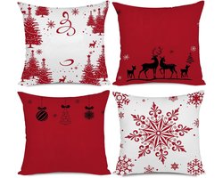 Goodivery® - Kerstkussensloop - 45 X 45 CM - Set Van 4 Kerstversieringen - Fijne Feestdagen - Vrolijke Sneeuwvlok - Vrolijk Kerstfeest Decoratie Kussenhoes Voor Thuis - Bank - Sofa Decoratie
