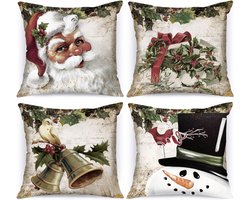 Goodivery® - Kerstkussensloop - Set Van 4 Vintage Kussenhoezen Kerstkussenhoes 45 X 45 CM Retro Rustieke Kerstman Sneeuwpop Decoratief Kerstkussen 45 X 45 CM Voor Kerstversiering Kerstbeddengoed Bank