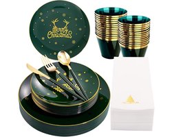 Goodivery ® - Kerstservies - 175-Delige Herbruikbare Kerstservies Set - Groen Plastic Servies met Gouden Rand - 25 Dinerborden, 25 Salade Borden, 25 Messen, 25 Vorken, 25 Lepels, 25 Servetten voor 25 Gasten - Kerstfeest