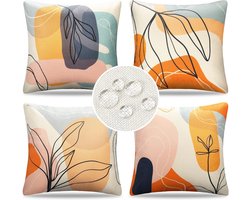 Goodivery ® Kussenhoes, 45 x 45 cm, voor buiten, bankkussen, sierkussen, kussenhoezen, boho, abstract, bladeren, lente, zomer, waterdicht, linnen, kussenhoes voor bank, bed, auto, tuin, terras, blench, set