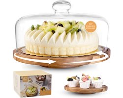 Goodivery ® Luxe taartstandaard met glazen deksel - Multifunctionele houten taartplaat voor taarten en desserts - Inclusief taartstolp en serveervoet, feestdecoratie 31 x 30.9 x 19.2 cm, Draait 360°