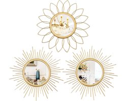 Goodivery® - Mirror Set of 3 Round - Set van 3 gouden wandspiegels van metaal - met zon-effect wanddecoratie - voor woonkamer, slaapkamer, hal
