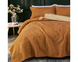 Goodivery ® Oranje Katoenen Bedsprei 250 x 270 cm met Palmblad Borduursel en Kussenhoezen