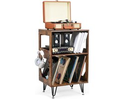 Goodivery® - Platenspeler Kast - Platenspeler Meubel - Lp Kast - Vinyl Kast - Draaitafelplank met Opbergruimte - Hout - Metalen Voeten - Voor 160 Albums - 66x42x12cm - Vintage Bruin