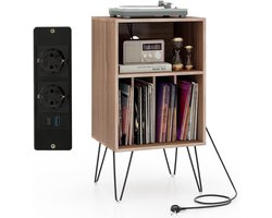 Goodivery® - Platenspeler Kast - Platenspeler Meubel - Lp Kast - Vinyl Kast - met Oplaadstation - 5 Open Compartimenten - met Metalen Poten - 48x40x88cm - Bruin