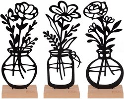 Goodivery® - Set of 3 Decorative Vases - Decoratieve standaard Set van 3 metalen bloemenvazen met bamboe voetstuk in zwart of wit Stijlvolle tafeldecoratie voor de woonkamer, vensterbank of balkon