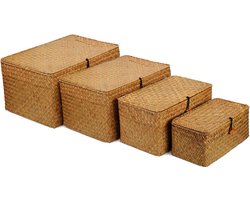 Goodivery ® Stijlvolle Rechthoekige Opbergmanden van Zeegras met Deksel, en Natuurlijk, Set van 4
