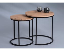 Goodivery ® Stijlvolle Set van 2 Salontafels met Houtlook en Zwart Metalen Frame