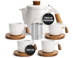 Goodivery - Theeservies Set - Keramische Theepot van 1 Liter met Zeefje - Wit en Bruin