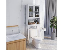 Goodivery® - Toiletkast - Vrijstaand voor badkamer - Toiletrek boven toilet - met verstelbare planken - Open plank - Glazen deuren - Badkamerplank met kast - voor badkamer - 58 x 19 x 170 cm - Wit
