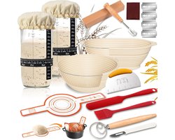 Goodivery® - Zuurdesem Starter Set - 2 Zuurdesempotten - 2 Banneton-Rijsmanden - 1 Siliconen Baklus En Andere Accessoires Voor Het Bakken Van Brood - Zuurdesemset Voor Keukens - Bakkers En Koks.