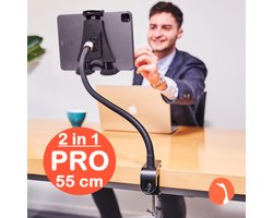 GOOS-E Tablet houder + Telefoonhouder PRO (6-14 inch) - iPad houder standaard - Flexibel - STERK & Stijlvol - met 2-weg klem - o.a. bureau, tafel en bed - NL design