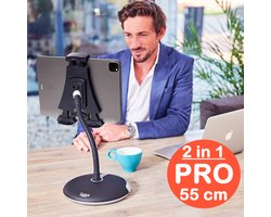 GOOS-E Tablet houder + Telefoonhouder PRO (6-14 inch) - iPad houder - Tablet standaard - met voet - Flexibel & Stijlvol - o.a. bureau, tafel, bed, bad - NL design