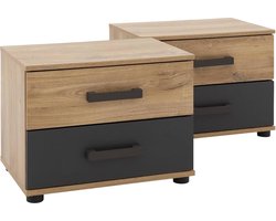 Goossens Nachtkastje Industrial, Set Van 2 Stuks = 52 Cm Breed 2 Laden, 40 Cm Hoog - Bruin