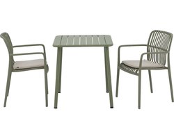 Goossens Tuinset - Tuintafel inclusief 2 tuinstoelen met armleuning - Groen - Metaal - 2 personen