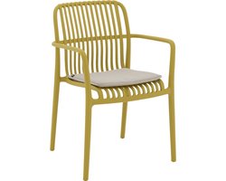 Goossens Tuinstoel Jelke - Kunststof - geel - 57 x 83 x 54 cm - Tuinstoel met armleuning - inclusief kussen - Stapelbaar