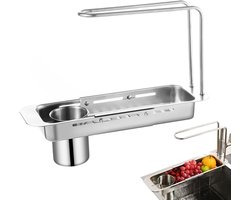 Gootsteenorganisers - Uitbreidbare RVS Afwasrek voor de Goossteen - Multisectionele Bestekhouder - met Sponsopslag, Overgootbak Draineerblad voor Keukenafwas en Werkblad -zilver（ Schaalbaar naar 31.5-44.5cm ）