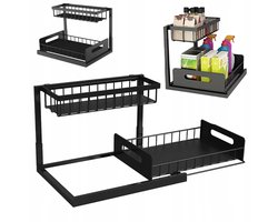 Gootsteenrek - Uitschuifbaar Opbergrek voor Keuken - Zwart Stalen L-vormig Rek met La - Voor Onder Gootsteen, Badkamer & Wasruimte