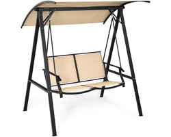 GOPLUS Swing Bench, 2-Seater, Garden Swing with Reclining Function, Made of Metal, Up to 240 kg, Outdoor Swing with Adjustable Roof for Garden, Patio, Balcony, Beige