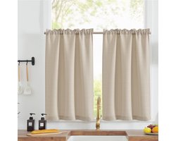 Gordijn, 2 stuks, 90 x 90 cm, beige, kort, voor roede, klein gordijn, onder de gootsteen, lichtfiltering, binnen, modern, decoratie voor woonkamer, kast, klein raam, poort