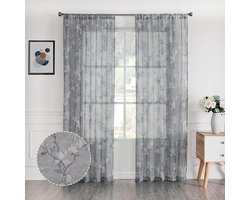 Gordijn Panelen - Vitrage Gordijnen - Woonkamer Decoratie - Bloemenprint Borduurwerk - 2x 137x183 cm - Grijs
