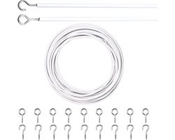 Gordijn spiraal draad - 10M - Gordijnkabel - met schroefogen en haken - 25 schapenoogcirkels en 25 vraagtekenspijkers - Spiraaldraad set - gordijn kabel lijn voor kleding - Spanveer - wit - Metaal - voor gordijnroedes, gordijnen, douchegordijnen