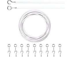 Gordijn spiraal draad - 10M - Gordijnkabel - met schroefogen en haken - 25 schapenoogcirkels en 25 vraagtekenspijkers - Spiraaldraad set - gordijn kabel lijn voor kleding - Spanveer - wit - Metaal - voor gordijnroedes, gordijnen, douchegordijnen