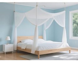 Gordijn voor een queensize hemelbed, 150 cm x 198 cm x 198 cm, wit polyester hemelbedgordijn met 4 koorden, prinsessenstijl hemelbedgordijn, geschikt voor slaapkamer en bruiloft - eenvoudig te installeren.