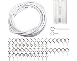 Gordijndraad van 10 M - met 25 Paar Schroefringen en Haken - Kunststof Gecoate Gordijndraad - Geschikt voor Het Ophangen van Gordijnen, Tule, Feestdecoraties, Tuindecoraties en DIY - Geschikt voor Gordijnroedes, Gordijnen, Douchegordijnen